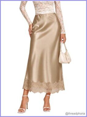 Satin Lace Hem Maxi Skirt High Waisted A Line Pull On Long Skirt